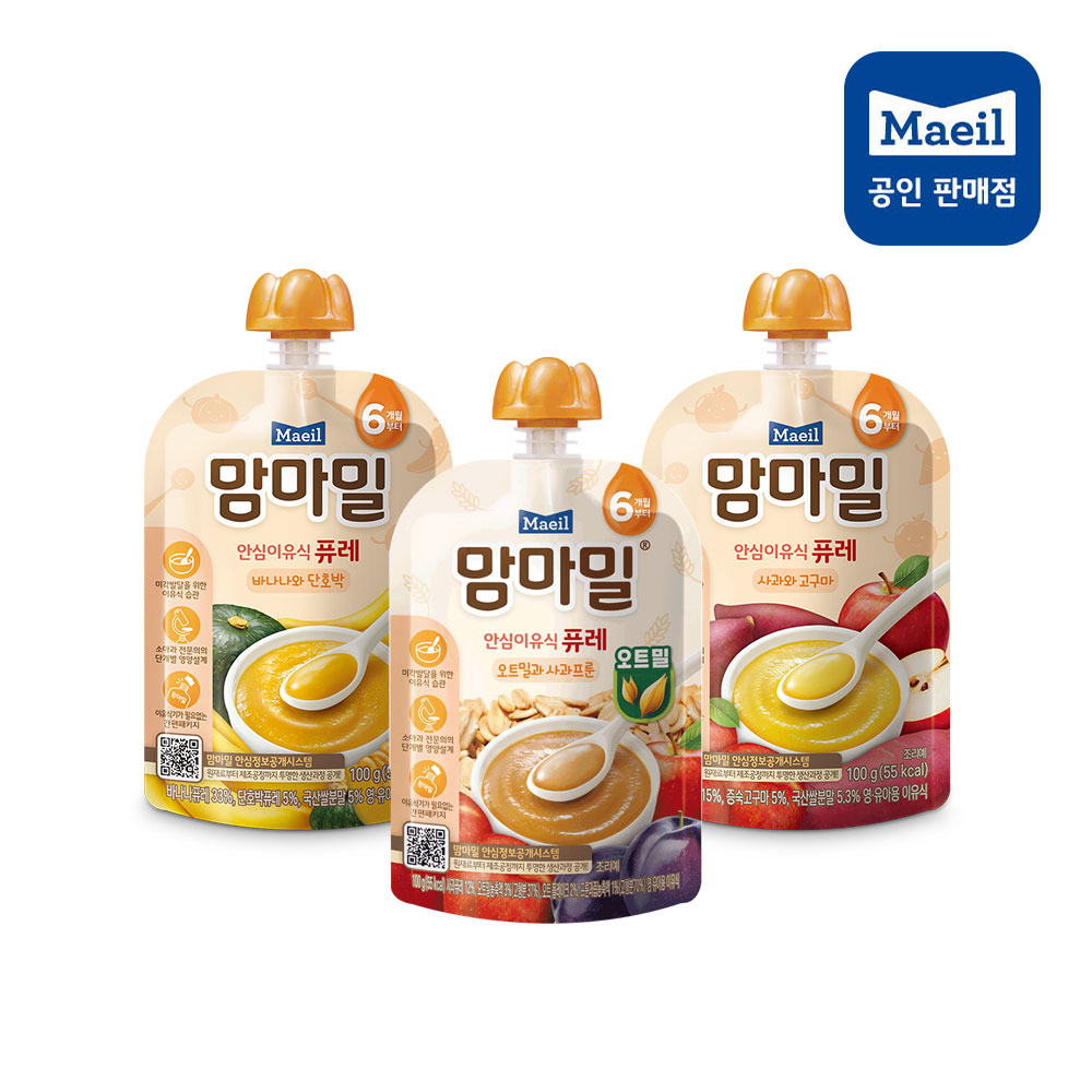 [매일유업] 맘마밀 6개월 퓨레 사과고구마/오트밀과 사과프룬/바나나단호박 100g 10개