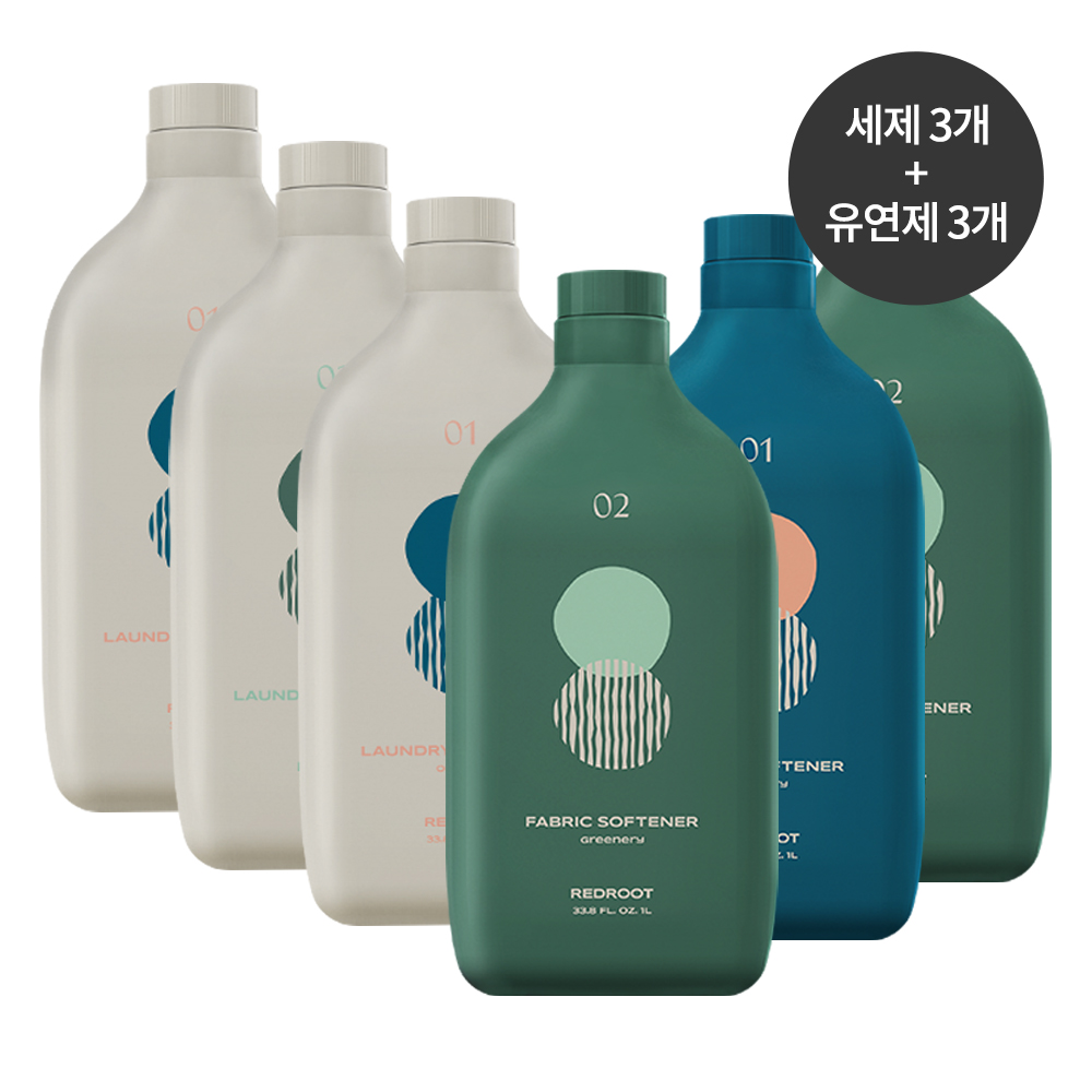 [레드루트] 유아 아기 저자극 비건 세탁세제 1L 3개 + 섬유유연제 1L 3개