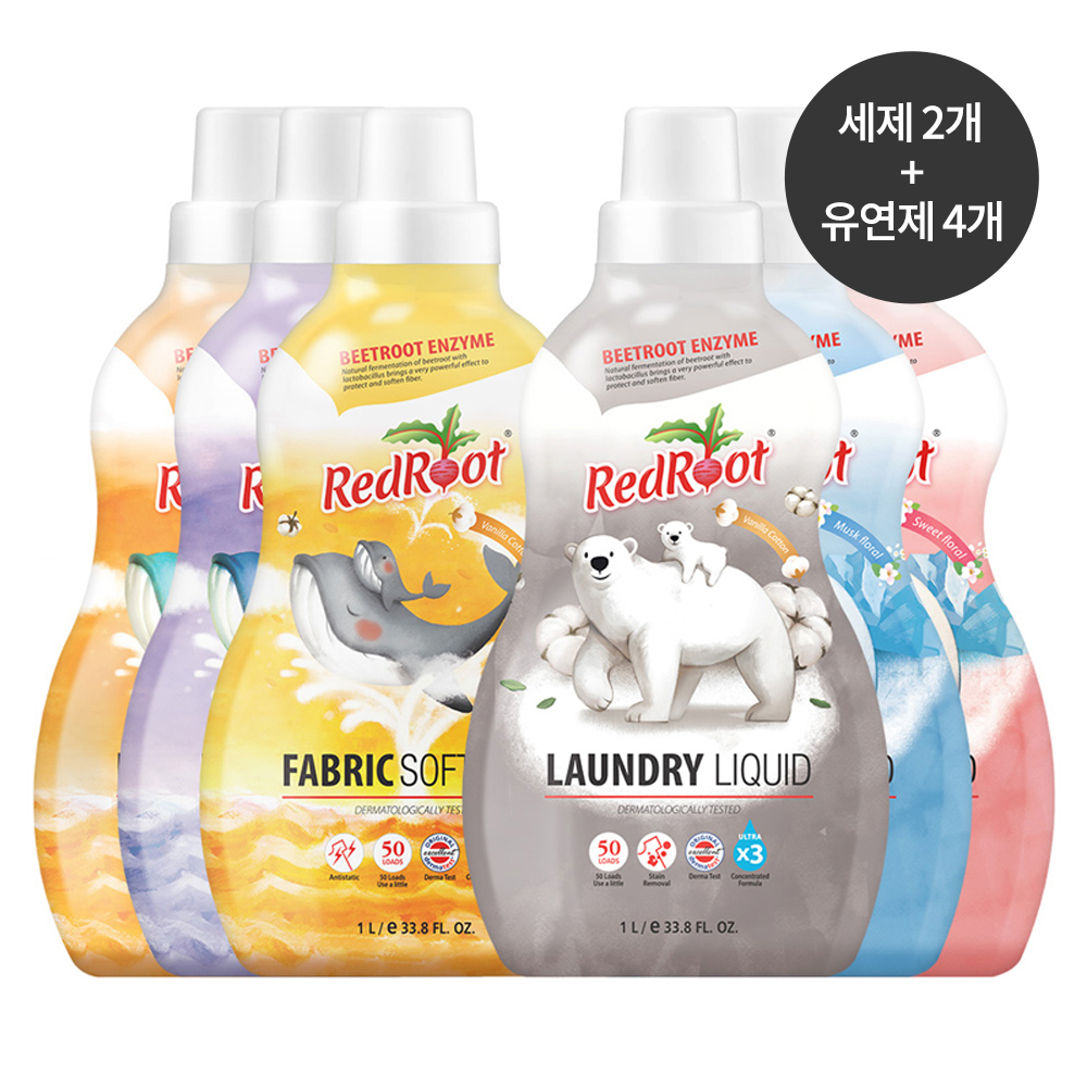 [레드루트] 유아 아기 저자극 고농축 세탁세제 1L 2개 + 섬유유연제 1L 4개