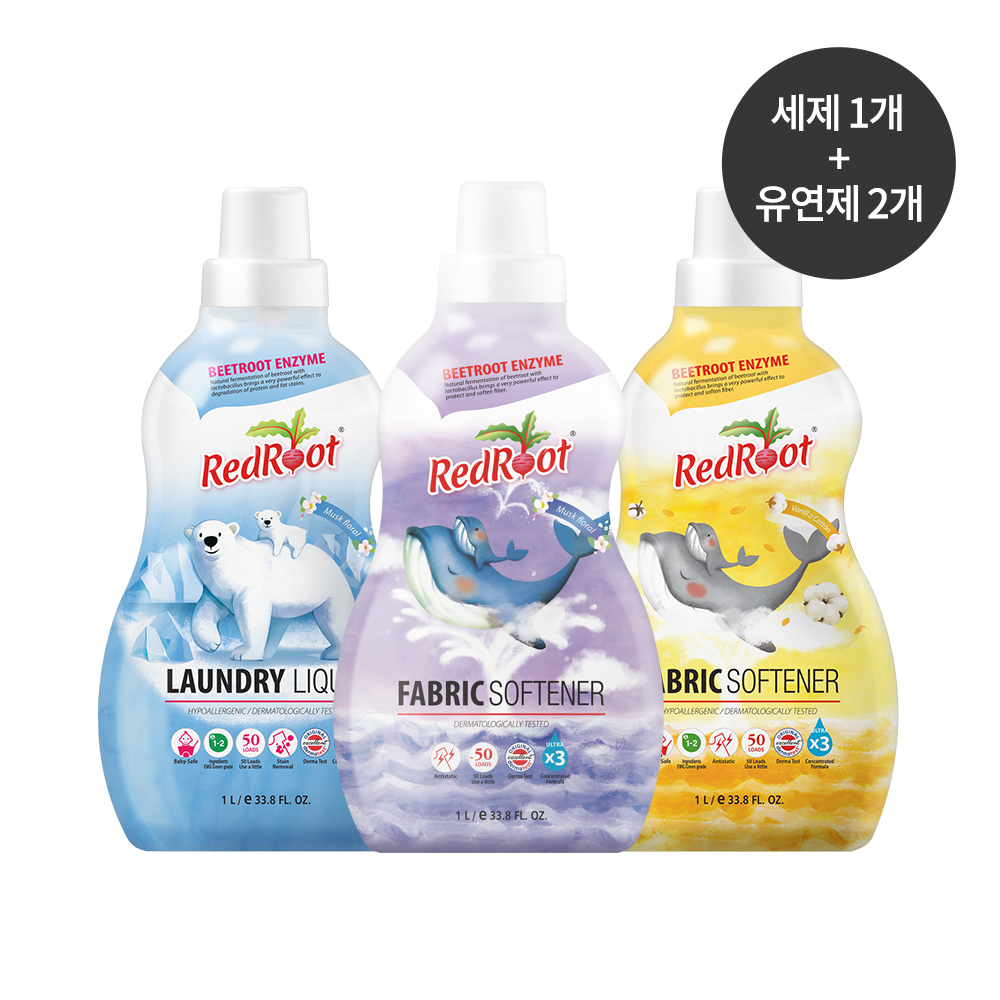 [레드루트] 유아 아기 저자극 고농축 세탁세제 1L 1개 + 섬유유연제 1L 2개