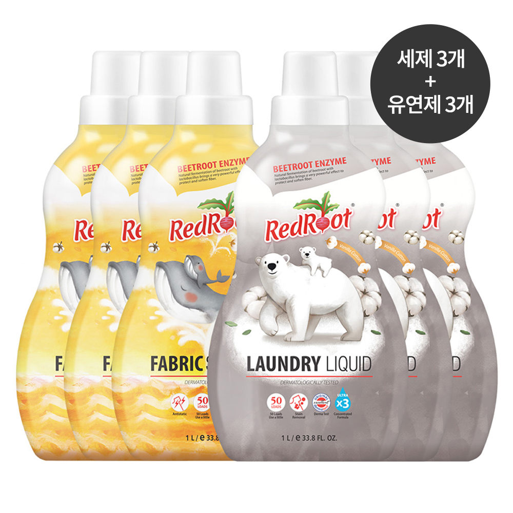 [레드루트] 유아 아기 저자극 고농축 세탁세제 1L 3개 + 섬유유연제 1L 3개