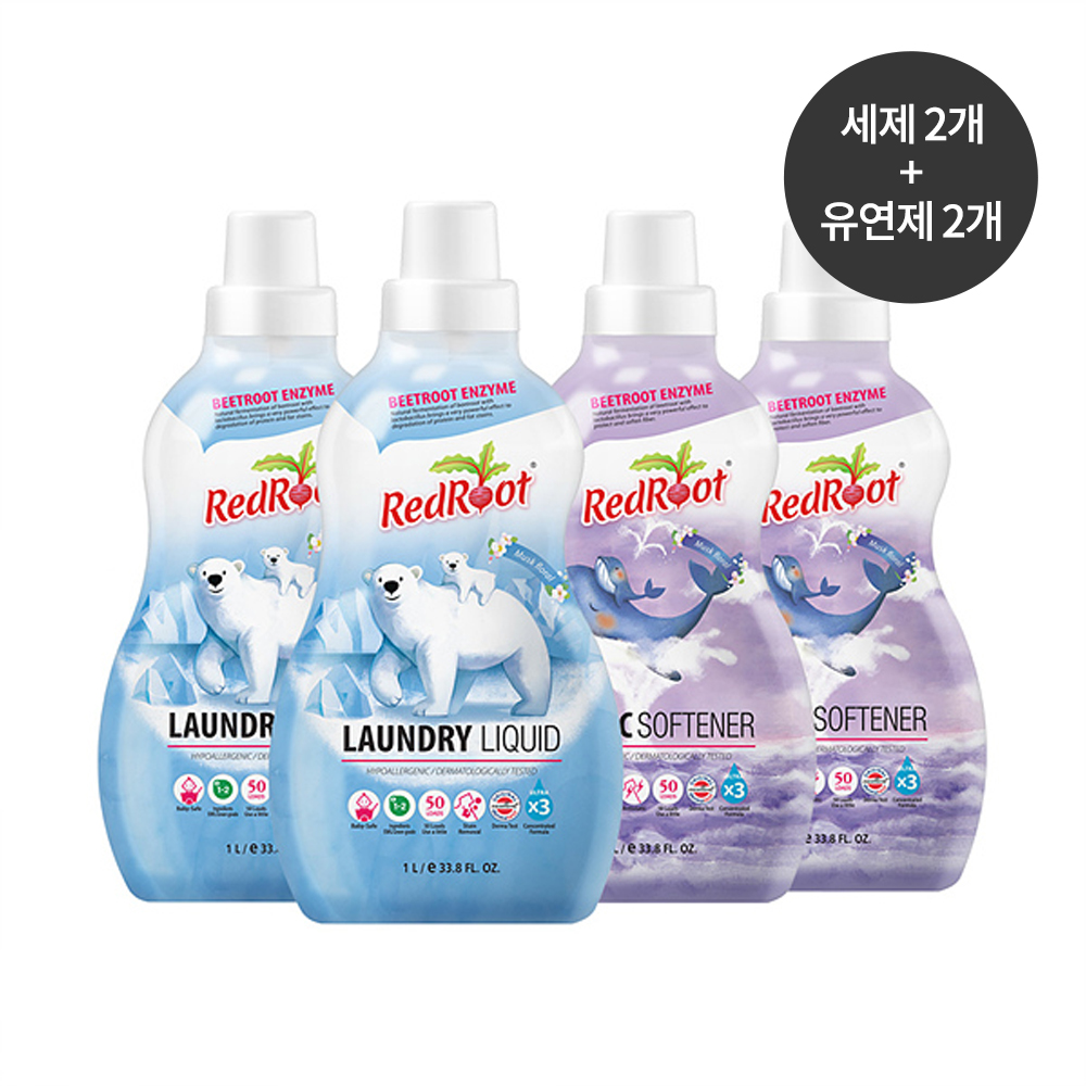 [레드루트] 유아 아기 저자극 고농축 세탁세제 1L 2개 + 섬유유연제 1L 2개